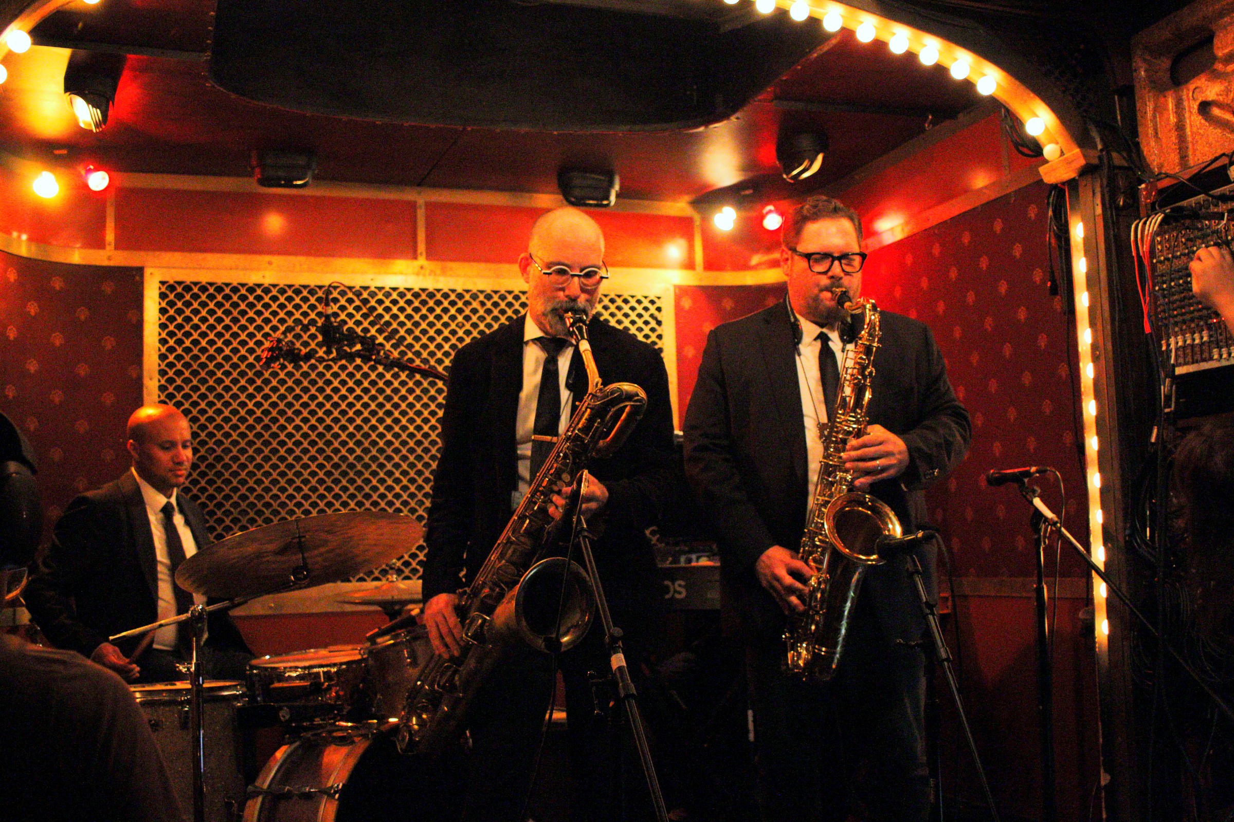 Ryan Anselmi and baritone saxophonist Andrew Hadro performing with the R(A)H Quintet at Pete's Candy Store, NYC