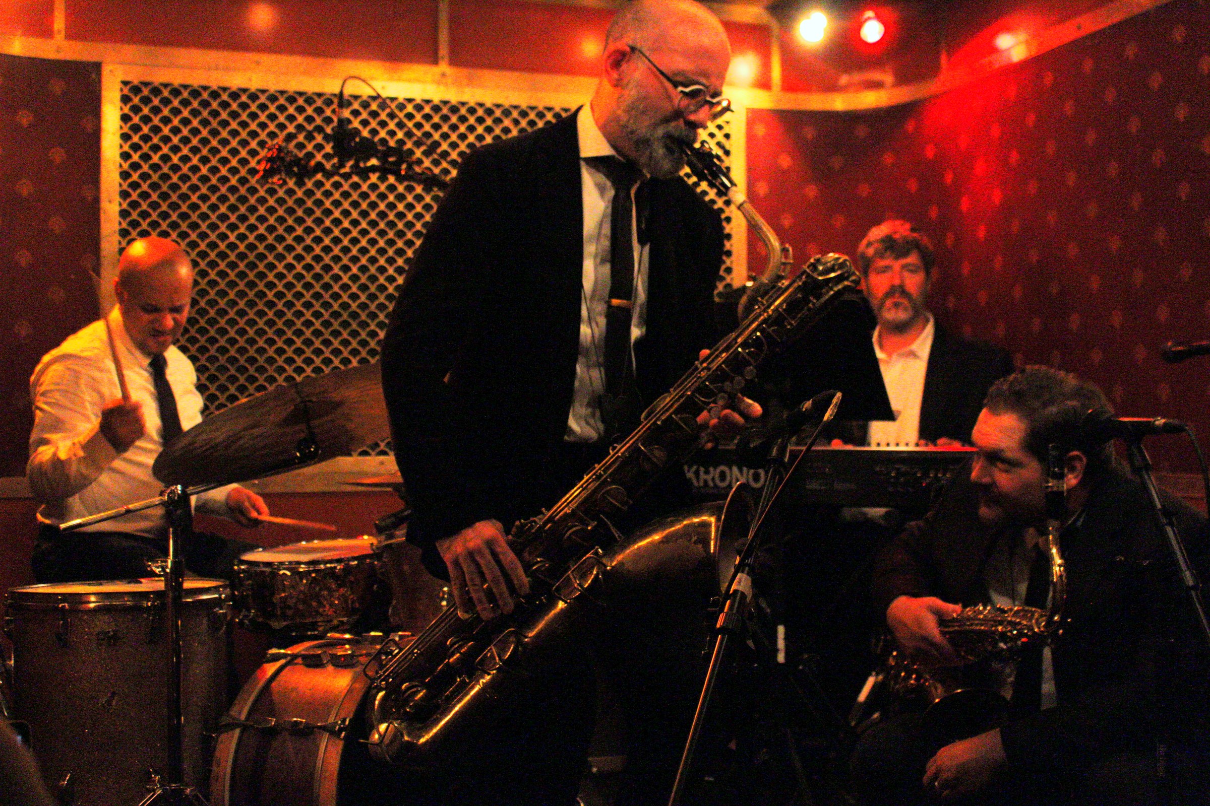 Saxophonist Ryan Anselmi performing live on stage at Pete's Candy Store, NYC